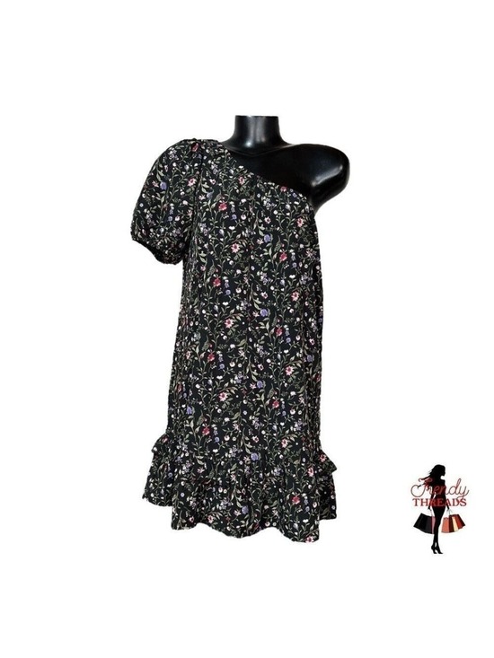 French Grey Dresses & Skirts - French Grey NEW One Shoulder Ruffle Dress Medium Large Dark Floral Black Boho